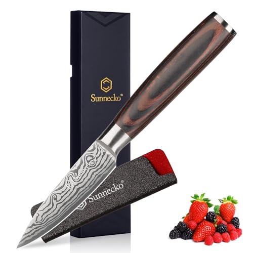 Sunnecko 9cm Gemüsemesser Schälmesser Obstmesser Küchenmesser - Klein Küchenmesser Kochmesser Edelstahl Allzweckmesser mit Pakkaholz Griff in Geschenkbox, Chang Serie Fruit Knife von Sunnecko