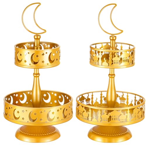 Sunnychicc 2 Stück Eid Metall Tablett Dekorationen Mubarak Kuchenständer Golden Dekorative Tabletts Ramadan Cupcake Halter Doppellagige Kekstablett Rack Dessert Display Teller für Eid Mubarak Party von Sunnychicc