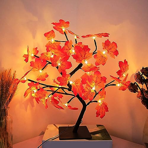 Halloween Deko Baum Licht,24 LED Ahornblatt Baum Licht,50cm Schreibtisch Ahorn-Blätter Baumlicht Warmweiß,Herbstdeko Blätter Lichterketten,LED Lichterbaum für Party Erntedankfest Innen Deko von Sunshine smile