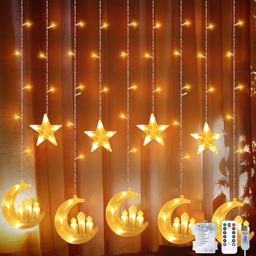 LED Ramadan Licht,Stern Mond Lichterketten,Stern Lichterkette Lichtervorhang,LED Vorhang Lichter,Wasserdicht Sternenvorhang mit 8 Blinkenden Modi & Fernbedienung,Batterie & USB Betriebene Lichterkette von Sunshine smile