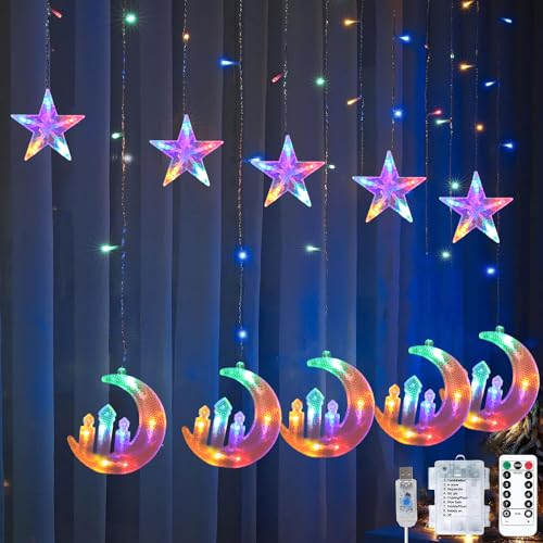 LED Ramadan Licht,Stern Mond Lichterketten,Stern Lichterkette Lichtervorhang,LED Vorhang Lichter,Wasserdicht Sternenvorhang mit 8 Blinkenden Modi & Fernbedienung,Batterie & USB Betriebene Lichterkette von Sunshine smile