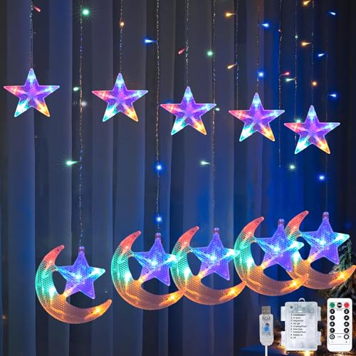 LED Ramadan Licht,Stern Mond Lichterketten,Stern Lichterkette Lichtervorhang,LED Vorhang Lichter,Wasserdicht Sternenvorhang mit 8 Blinkenden Modi & Fernbedienung,Batterie & USB Betriebene Lichterkette von Sunshine smile