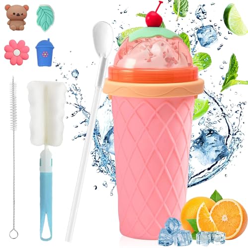 Slush Becher,500ml Slushie Maker Becher,Slush Becher maker Silikon Squeeze Cup,DIY Slushy Maker Cup Gefrorene Maker Smoothie Becher Sommer-Slush Cup mit Strohhalmlöffel von Sunshine smile