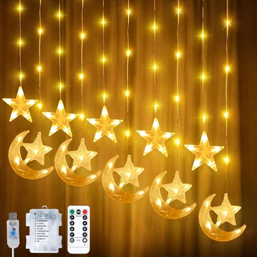 LED Ramadan Licht,Stern Mond Lichterketten,Stern Lichterkette Lichtervorhang,LED Vorhang Lichter,Wasserdicht Sternenvorhang mit 8 Blinkenden Modi & Fernbedienung,Batterie & USB Betriebene Lichterkette von Sunshine smile