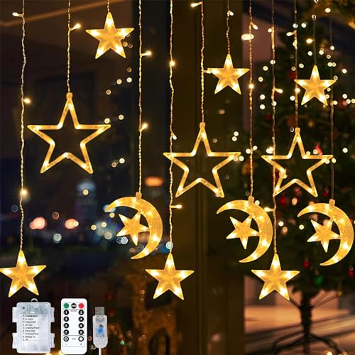 Sunshine smile Lichterkette Mond Sterne,Ramadan Licht Stern Mond Lichterketten,138 LED Star Moon Vorhang Lichterkette,8 Modi Lichtervorhang USB & Batterie Betriebene mit Fernbedienung von Sunshine smile