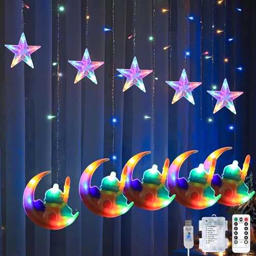 Sunshine smile Lichterkette Mond Sterne,Ramadan Licht Stern Mond Lichterketten,138 LED Star Moon Vorhang Lichterkette,8 Modi Lichtervorhang USB & Batterie Betriebene mit Fernbedienung von Sunshine smile