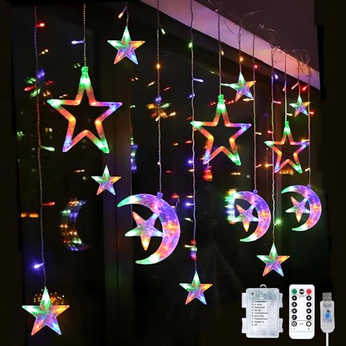 Sunshine smile Lichterkette Mond Sterne,Ramadan Licht Stern Mond Lichterketten,138 LED Star Moon Vorhang Lichterkette,8 Modi Lichtervorhang USB & Batterie Betriebene mit Fernbedienung von Sunshine smile