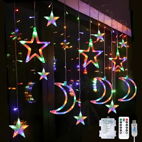 Sunshine smile Lichterkette Mond Sterne,Ramadan Licht Stern Mond Lichterketten,138 LED Star Moon Vorhang Lichterkette,8 Modi Lichtervorhang USB & Batterie Betriebene mit Fernbedienung von Sunshine smile