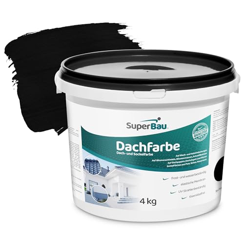 Superbau Dachfarbe Schwarz 4kg, Sockelfarbe WASSERDICHT, Fassadenfarbe für Außen, Dachbeschichtung für Blechdach, Bitumen, Dachpappe, Schindeln, Putz, Dachbeschichtungsfarbe von SuperBau