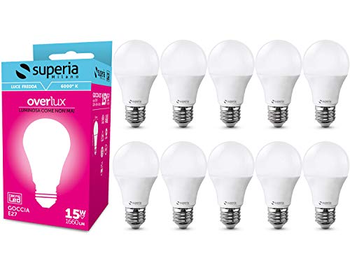 Superia E27 LED Drop Bulb, 15W (Äquivalent 85W), kaltes Licht 6000K, 1660 lumen, OP15F, 10er-Pack von Superia Milano