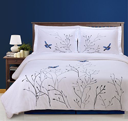 Superior - Einlagiges und weiches Bettbezugsset mit gestickten Schwalben, 229 x 234 cm, 100% Baumwolle, blau, 3-teilig Superior - Einlagiges und weiches Bettbezugsset mit gestickten Schwalben, 229 x 234 cm, 100% Baumwolle, blau, 3-teilig von Superior