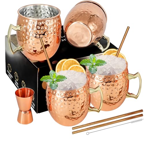 Moscow Mule Kupferbecher-Set mit 4 Premium Moscow Mule Becher 54cl/540ml 4 Stück Becher aus verkupfertem Edelstahl Großartig für Cocktail Gekühlte Getränk mit 1/0.5oz Double Jigger Löffel Strohhalme von SuproBarware