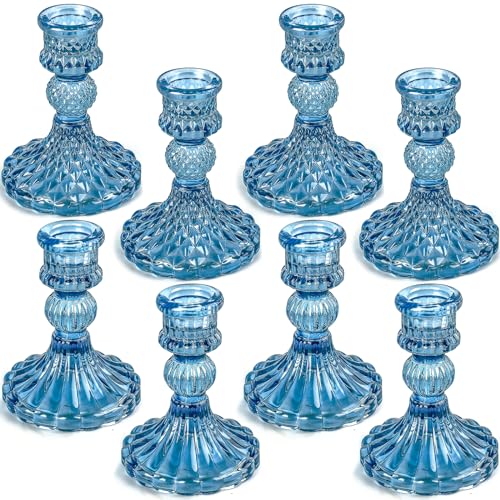 SuproBarware Kerzenhalter aus blauem Glas, Set mit 8 Kerzenhaltern und gestreiften Kerzenhaltern, zwei Stile für formelle Veranstaltungen, Hochzeit, Festival, Kirche, Party und Festival-Dekoration von SuproBarware