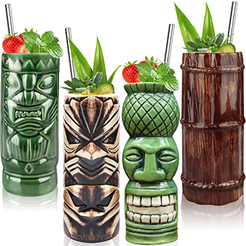 Tiki-Gläser für Cocktails, Tiki-Tassen, 4 Stück, große Keramik-Tiki-Becher, tropische Hawaii-Party, Cocktail-Getränkebecher von SuproBarware