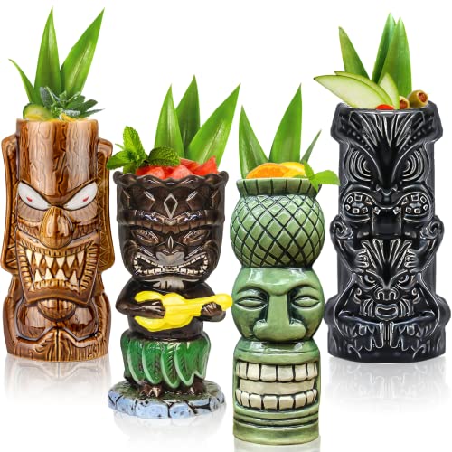 Tiki-Tassen, 4 Stück Tiki-Gläser für Cocktails großen tropischen Keramikbechern Hawaii Tiki Party Kreative Cocktail Glas Bar Drinkware Premium Tropical Exotic Barware von SuproBarware