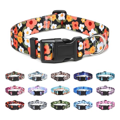 Suredoo Hundehalsband Verstellbares, Weich & Komfort Nylon Hunde Halsband für Kleine Mittlere Große Hunde Welpen Katzen (L, Blume Orange) von Suredoo