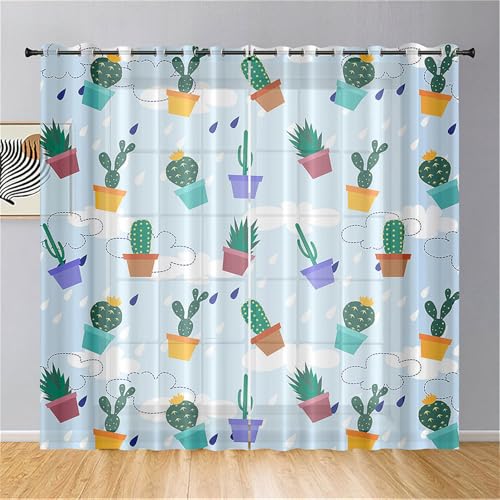 Surwin Gardinen mit Ösen, Kaktus-Druck, 2er Set Drucken Vorhänge, Modern Transparent Vorhänge Wohnzimmer Polyester Gardinen Küche Fenster Wohnzimmer Schlafzimmer (132x213cm,Regen) von Surwin