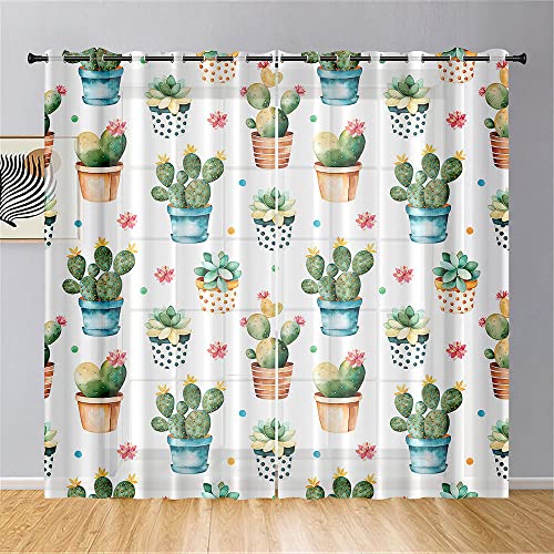 Surwin Kaktus-Druck Gardinen mit Ösen, 2er Set Drucken Vorhänge, Modern Transparent Vorhänge Wohnzimmer Polyester Gardinen Küche Fenster Wohnzimmer Schlafzimmer (132x160cm,Kaktus) von Surwin
