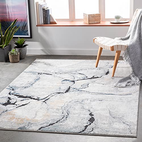 Surya Berlin Teppich Wohnzimmer Modern – Abstrakt Design in Marmor Optik für Wohnzimmer, Esszimmer, Schlafzimmer – weicher Marmor Teppich, Kurzflor Teppich groß 160x220cm in Grau von Surya