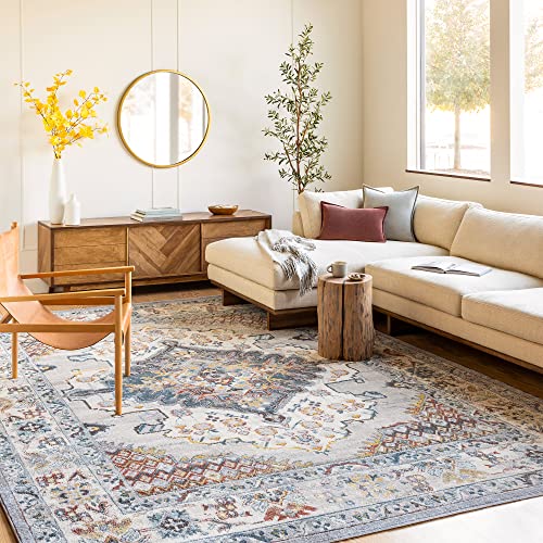 Surya Casablanca Vintage Teppich - Teppich Wohnzimmer, Esszimmer, Flur, Rugs Living Room - Boho Teppich Orientalisch Style, Kurzflor Carpet - Bunter Teppich Grau, Taupe, Blau, Creme, Senf 100x140cm von Surya