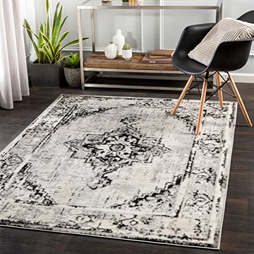 Surya Stowe Vintage Teppich - Teppich Wohnzimmer, Esszimmer, Flur, Rugs Living Room - Boho Teppich Orientalisch Style, Kurzflor Carpet - Bunter Teppich Grau, Schwarz, Elfenbein 150x213cm von Surya