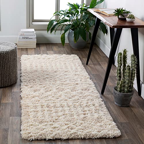 Surya Dubai Shaggy Läufer - Flauschiger Teppich für Wohnzimmer, Esszimmer, Flur, Abstrakter Langflor Hochflor Teppich weiss flauschig & pflegeleicht - Läufer 80x220cm in Beige von Surya