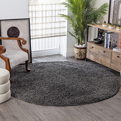 Surya Home Flauschiger Teppich Rund - Shaggy Teppich für Wohnzimmer, Schlafzimmer, Berber Abstrakter Langflor Hochflor Teppich Grau flauschig - Teppich Rund 160cm Carpet in Dunkel Grau von Surya