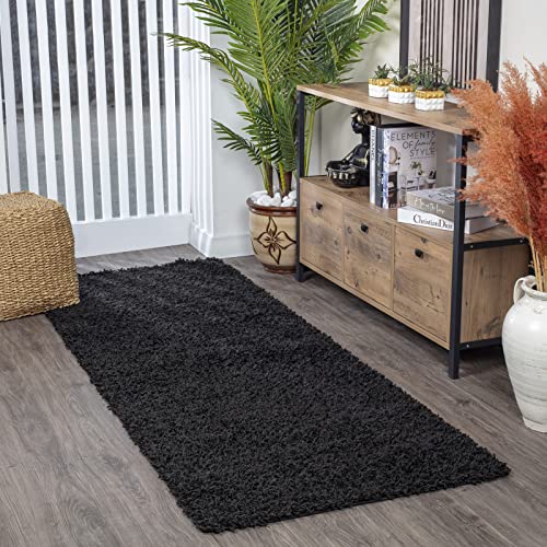 Surya Home Flauschiger Teppich Läufer - Shaggy Teppich für Wohnzimmer, Schlafzimmer, Berber Abstrakter Langflor Hochflor Teppich Schwarz flauschig - Teppich Läufer 80x220cm Läufer Flur in Schwarz von Surya