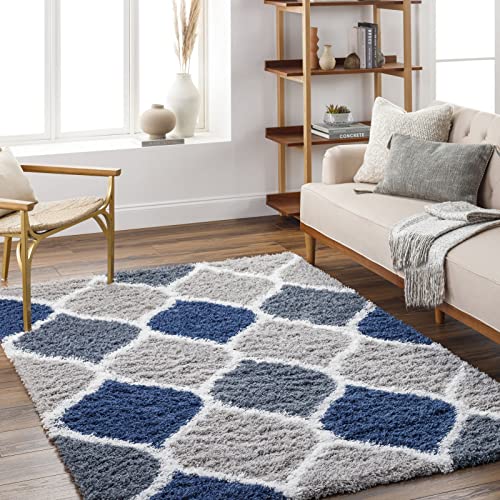 Surya Mostar Shaggy Berber Teppich - Flauschiger Teppich für Wohnzimmer, Esszimmer, Schlafzimmer, Abstrakter Langflor Hochflor Teppich weiss flauschig & pflegeleicht - Teppich groß 160x220cm in Blau von Surya