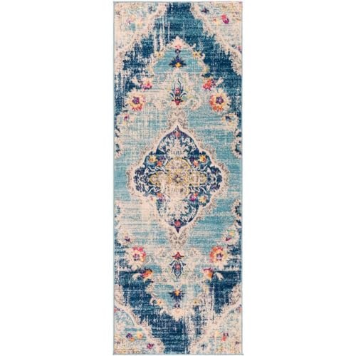 Surya Palma Vintage Teppich Läufer - Orientalischer Teppich Wohnzimmer, Esszimmer, Schlafzimmer - orientalischer Boho Teppich, Kurzflor Teppich für einfache Pflege - Teppich Läufer 80x220cm in Blau von Surya