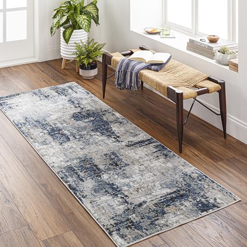 Surya Paris Teppich Läufer Modern – Abstrakt Design in Marmor Optik für Esszimmer, Schlafzimmer, Wohnzimmerteppich – weicher Marmor Teppich Groß 80x220cm, Blau, Grau, Beige von Surya