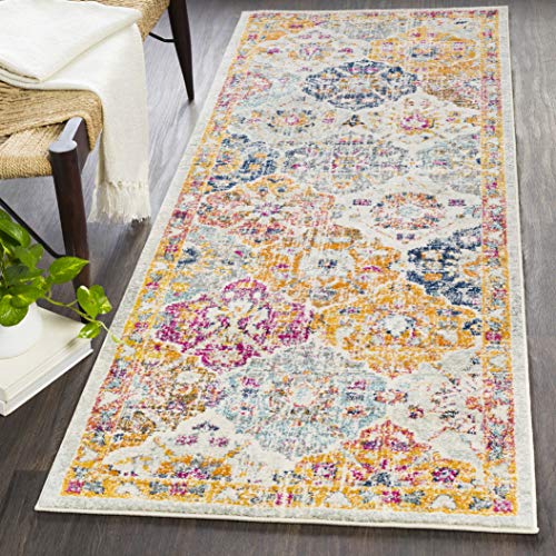 Surya Sicily Teppich Läufer Flur, Esszimmer - Teppich Wohnzimmer, Rugs Living Room - Boho Teppich Orientalisch Style, Kurzflor Carpet - Bunter Teppich Senfgelb, 90x152cm von Surya