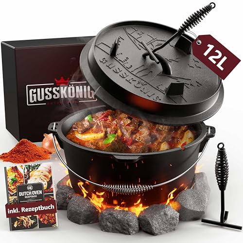 GUSSKÖNIG Dutch Oven Set [12L] - Eingebrannter Feuertopf mit praktischem Deckelheber und Füßen von Gusskönig