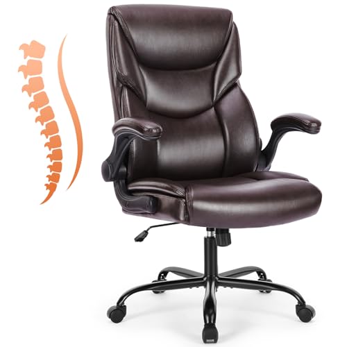 Sweetcrispy Bürostuhl, Ergonomisches Pu-Leder Chefsessel, mit Hochklappbaren Armlehnen, Bürostuhl Leder mit Drehbaren Rädern, Geeignet für Büros, Zuhause und Andere Umgebungen (Braun) von Sweetcrispy