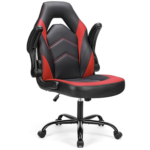 Sweetcrispy Computer Gaming Desk Ergonomic Office Executive Adjustable Swivel Task PU Leather Racing Chair with Flip-up Armrest for Adults, Kids, Men, Girls, Gamer, Black Red, One Size von Sweetcrispy