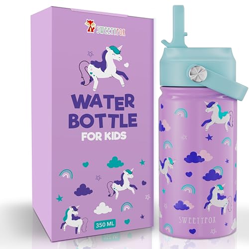 Sweety Fox Edelstahl Trinkflasche Kinder Einhorn BPA-frei - Kinder Flasche mit Strohhalm und Bürste - Geeignet für Kinder ab 3 Jahren. von Sweety Fox