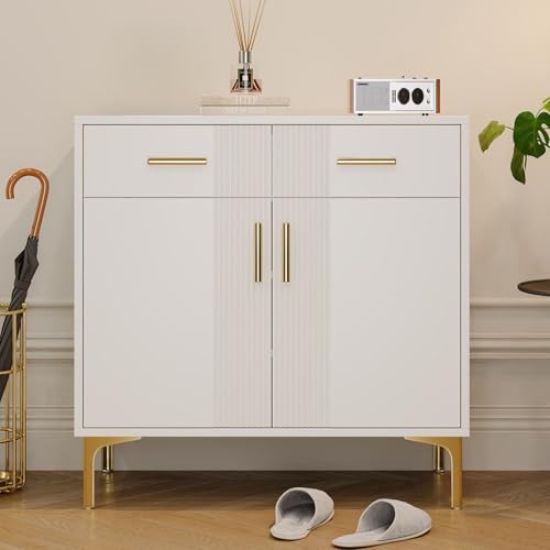 Modernes Sideboard, 80 x 35 x 79,5 cm, mit 2 Türen und 2 Schubladen, Aufbewahrungsmöbel mit Metallgriffen und Metallbeinen, geeignet für Wohnzimmer, Flur oder Esszimmer Modernes Sideboard, 80 x 35 x 79,5 cm, mit 2 Türen und 2 Schubladen, Aufbewahrungsmöbel mit Metallgriffen und Metallbeinen, geeignet für Wohnzimmer, Flur oder Esszimmer von Sweiko