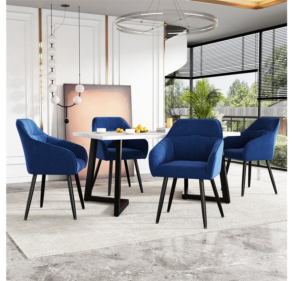 Sweiko Essgruppe Moderner Küchentisch Set, (Polsterstuhl Design Stuhl mit Rückenlehne,MDF Tischplatte in Weißer, 5-tlg., Set,117×68×75cm Esstisch mit 4 Stühlen), Schwarz Tischbeine,Blau Samt Esszimmerstühle von Sweiko