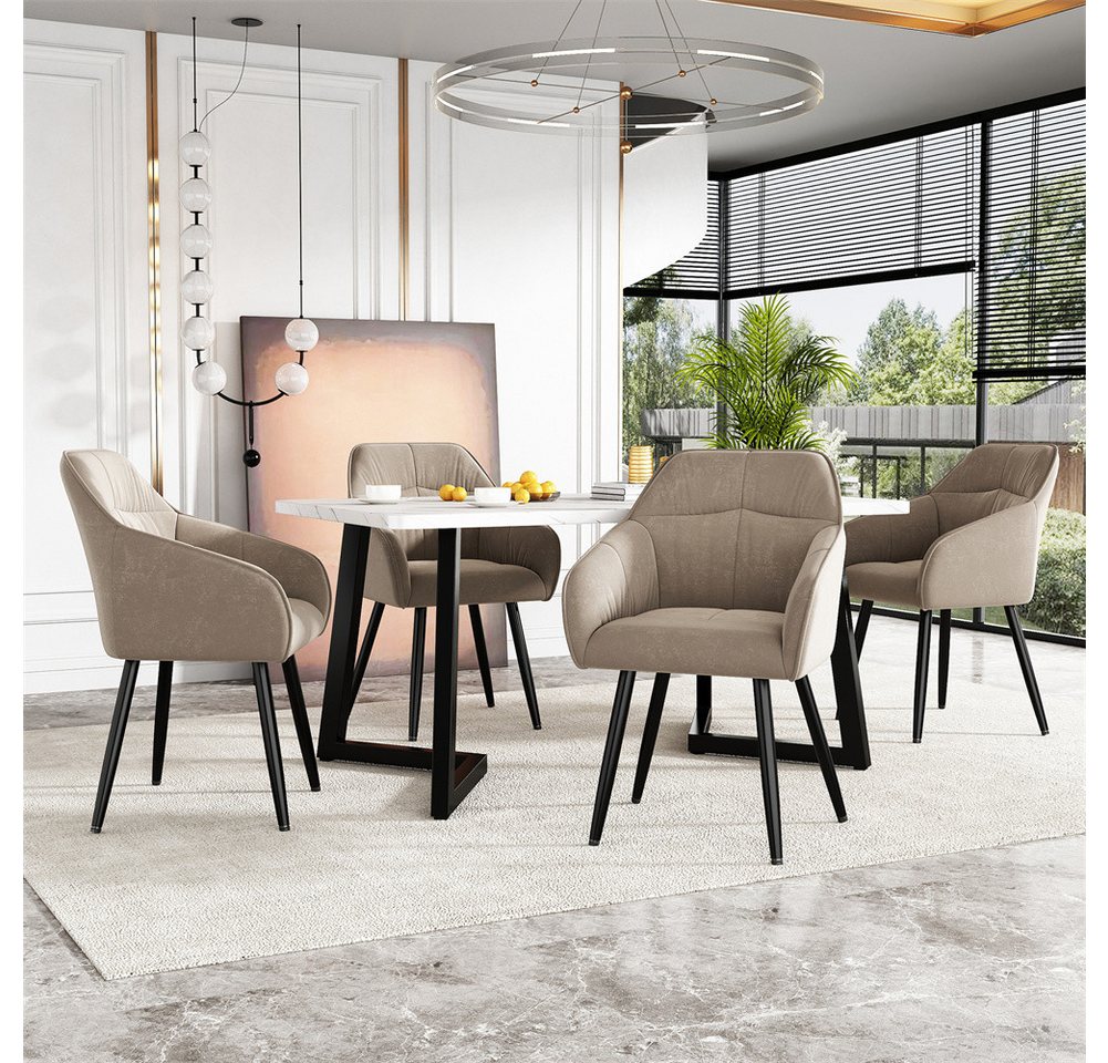 Sweiko Essgruppe Moderner Küchentisch Set, (Polsterstuhl Design Stuhl mit Rückenlehne,MDF Tischplatte in Weißer, 5-tlg., Set,117×68×75cm Esstisch mit 4 Stühlen), Schwarz Tischbeine,Braun Samt Esszimmerstühle von Sweiko