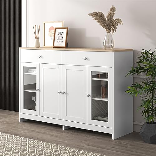 Sweiko Moderne Kommode mit 4 Türen und 2 Schubladen, Türkommoden Sideboard mit Glastür, Schubladenkommode Verstellbares Regal Holz Mehrzweckschrank für Flur Schlafzimmer Wohnzimmer Badezimmer Sweiko Moderne Kommode mit 4 Türen und 2 Schubladen, Türkommoden Sideboard mit Glastür, Schubladenkommode Verstellbares Regal Holz Mehrzweckschrank für Flur Schlafzimmer Wohnzimmer Badezimmer von Sweiko