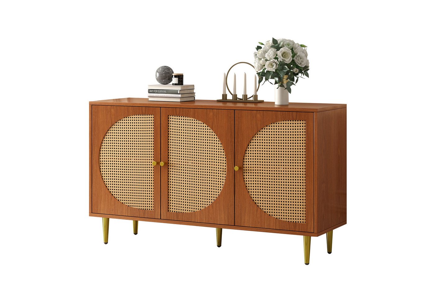 Sweiko Sideboard (Aufbewahrungsschrank mit 3 Rattantüren und Metallgriffen, Metallfüße), 130x40x76cm Sweiko Sideboard (Aufbewahrungsschrank mit 3 Rattantüren und Metallgriffen, Metallfüße), 130x40x76cm von Sweiko