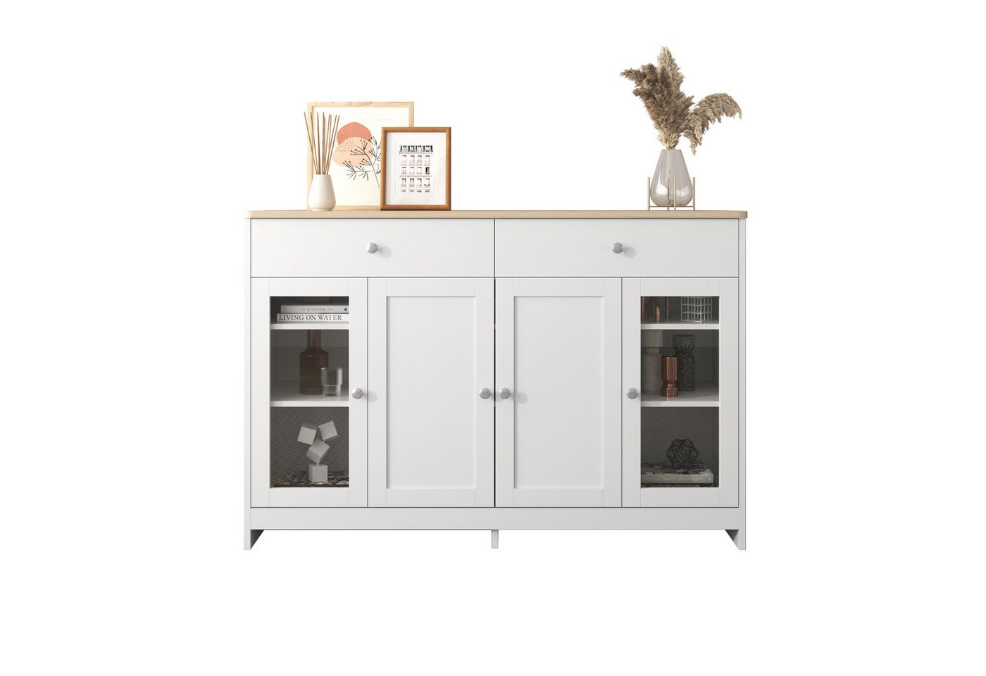 Sweiko Sideboard (Aufbewahrungsschrank mit 4 Türen und 2 Schubladen, Glastüren und Metallgriffen), 120 x 37 x 80 cm Sweiko Sideboard (Aufbewahrungsschrank mit 4 Türen und 2 Schubladen, Glastüren und Metallgriffen), 120 x 37 x 80 cm von Sweiko