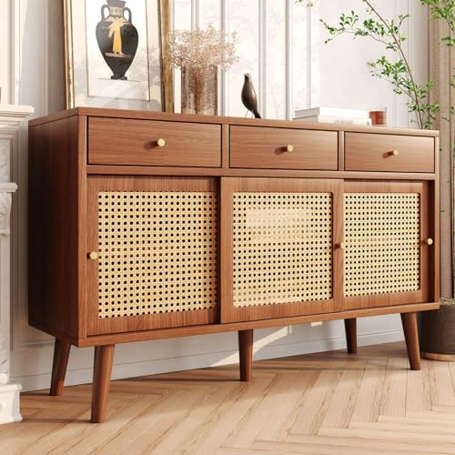 Sweiko Sideboard,Rattan Kommode Aufbewahrungsschrank mit 3 Schubladen und Schiebetüren,Multifunktionaler Küchenschrank Esstisch mit Massivholzbeinen,Mehrzweckschrank mit Verstellbare Ablage (Walnuss) Sweiko Sideboard,Rattan Kommode Aufbewahrungsschrank mit 3 Schubladen und Schiebetüren,Multifunktionaler Küchenschrank Esstisch mit Massivholzbeinen,Mehrzweckschrank mit Verstellbare Ablage (Walnuss) von Sweiko