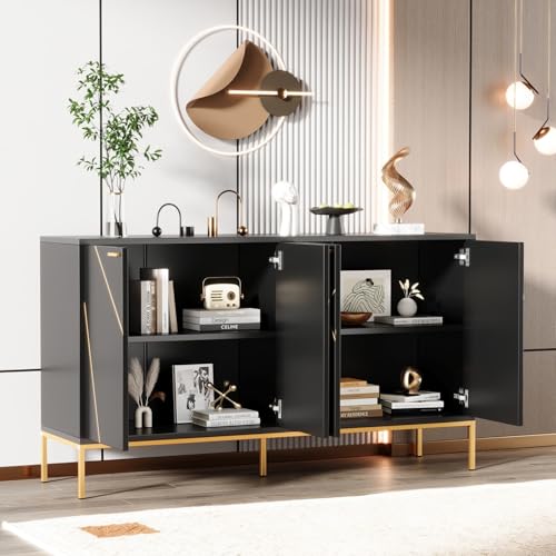 Sweiko Sideboard mit 4 Türen, 80 x 150 x 40 cm, TV-Möbel mit Metallfüßen und Garnitur aus Eisendraht, lineares Design, Farbe Schwarz + Gold Sweiko Sideboard mit 4 Türen, 80 x 150 x 40 cm, TV-Möbel mit Metallfüßen und Garnitur aus Eisendraht, lineares Design, Farbe Schwarz + Gold von Sweiko