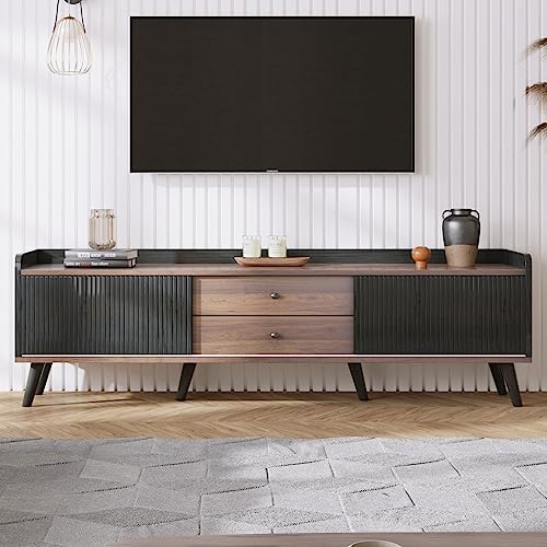 TV-Schrank, Lowboard Fernseher Tisch Modern, TV Unterschrank Holz mit Stilvolle Eleganz TV-Schrank mit zwei Schubladen TV- Lowboard niedrige Platte mit zwei Schiebetüren (Schwarz und natürliches) von Sweiko