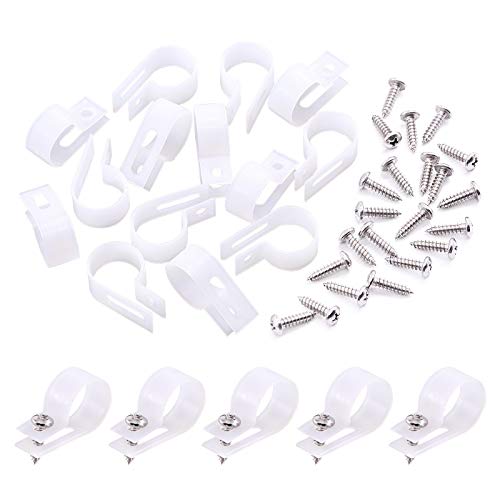 Swpeet 120 Stück weiß 3/4 Zoll Nylon Kunststoff R-Type Kabelclips Klemm-Kit Nylon Schraubmontage Schnurbefestigungsclips mit 120 Stück Schrauben für Drahtmanagement (3/4 Zoll), weiß) von Swpeet