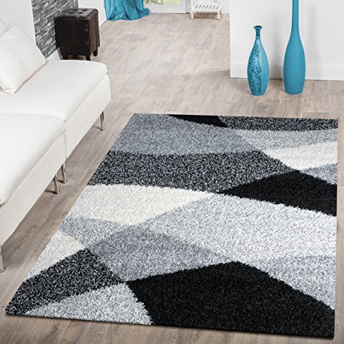 T&T Design Moderner Hochflor Teppich Shaggy Vigo Gemustert in Schwarz Grau Weiß Top Preis!!, Größe:120x170 cm von T&T Design