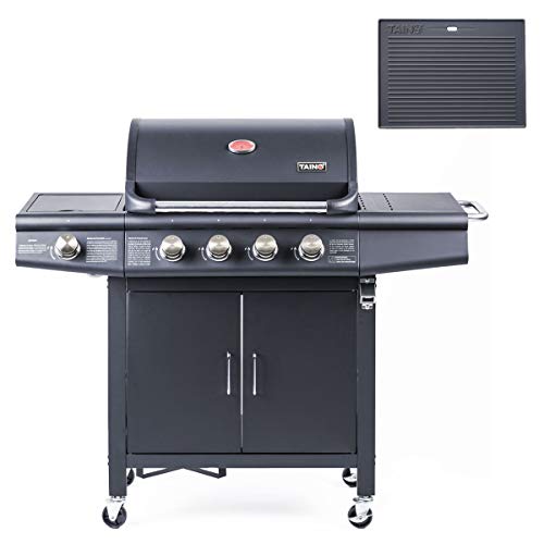 TAINO RED 4+1 Gasgrill Grillwagen BBQ Edelstahl-Brenner Gas-Grill Set Grillplatte schwarz für Garten von TAINO