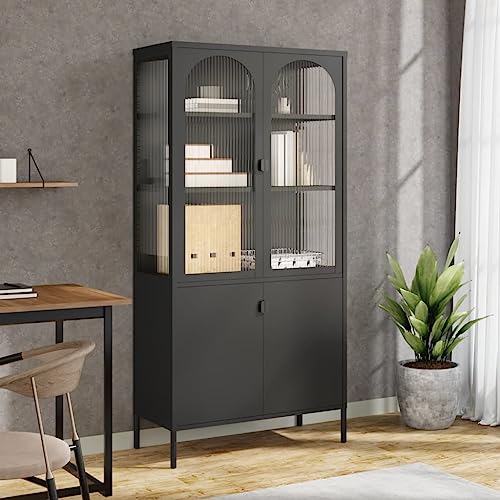 TANZEM Highboard Schwarz 90x40x180 cm Glas und Stahl Buffetschrank, Mehrzweckschrank, Bücherschrank, Hochschrank, Vorratsschrank, Wohnzimmerschrank, Sideboard, Küchenschrank, 353000 von TANZEM