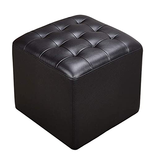 TAORMEY Leder Gepolsterter Cube Pouf Ottoman,Pouf Fußhocker Massivholz Quadratisch Leder Wohnzimmer Couchtisch Kleine Bank-schwarz 40x40x35cm(16x16x14inch) von TAORMEY